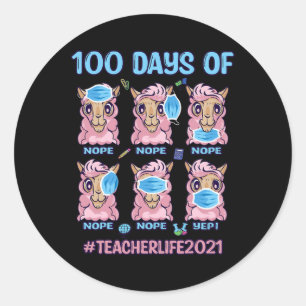 100 Days Of School Teacher Llama Wearing Mask Wron Classic Round Sticker