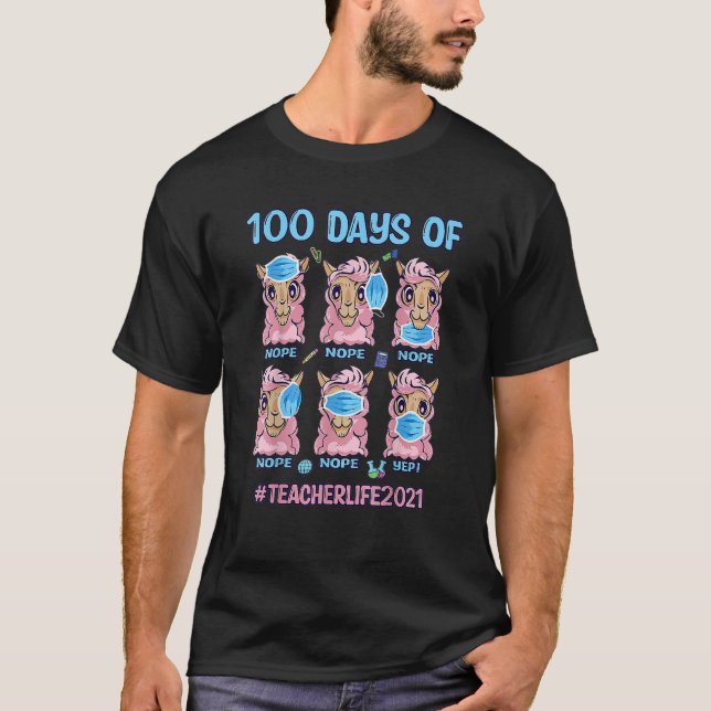 100 Days Of School Teacher Llama Wearing Mask Wron T-Shirt (Front)
