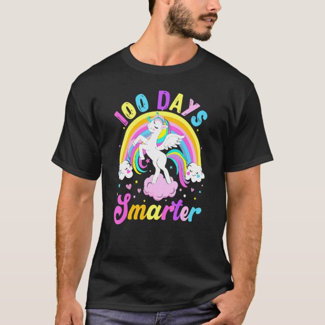 100 Days Smarter 100th Day Of School Unicorn Rainb T-Shirt (Front)
