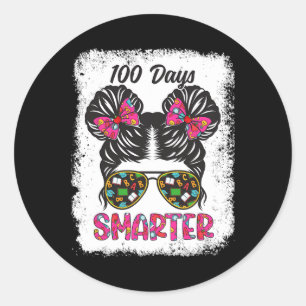 100 Days Smarter Girls Messy Bun Hair 100th Day Of Classic Round Sticker