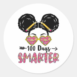 100 Days Smarter Girls Messy Bun Hair 100th Day Of Classic Round Sticker