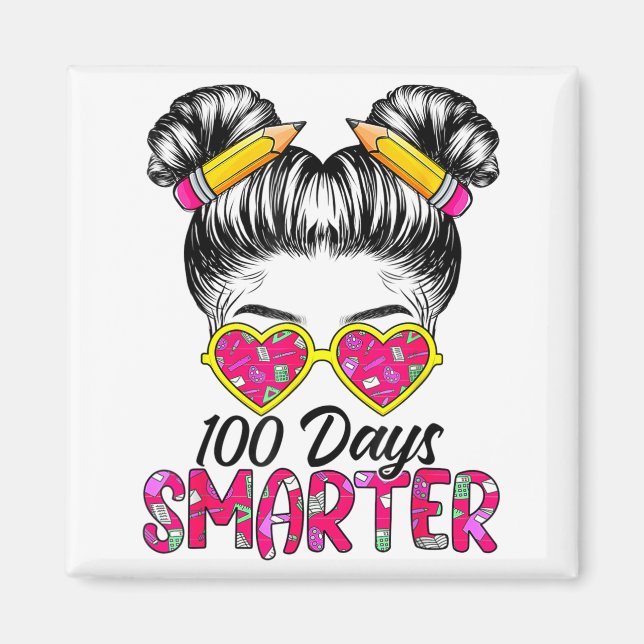 100 Days Smarter Girls Messy Bun Hair 100th Day Of Magnet (Front)