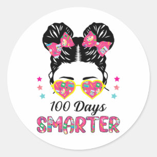 100 Days Smarter Girls Messy Bun Hair 100th Day Ti Classic Round Sticker