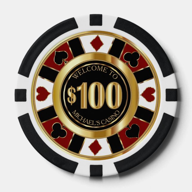 $100 Dollar Casino Poker Chip Las Vegas-Red / Gold (Front)