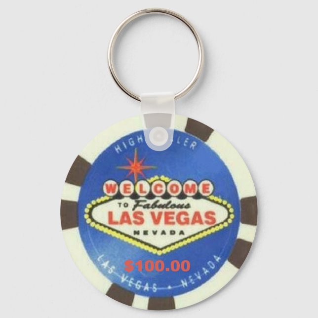 $100 Dollar Poker Chip Blue Las Vegas Keychain (Front)