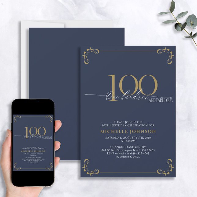 100 & Fabulous Blue & Gold Calligraphy Birthday Invitation (Creator Uploaded)