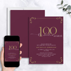 100 & Fabulous Burgundy White & Gold Birthday Invitation
