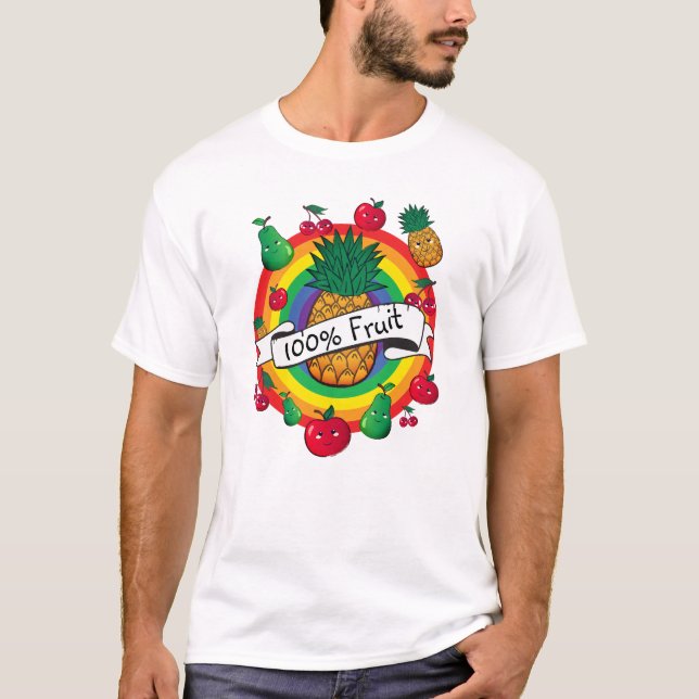 "100% Fruit" rainbow coloured kawaii fruit T-Shirt (Front)