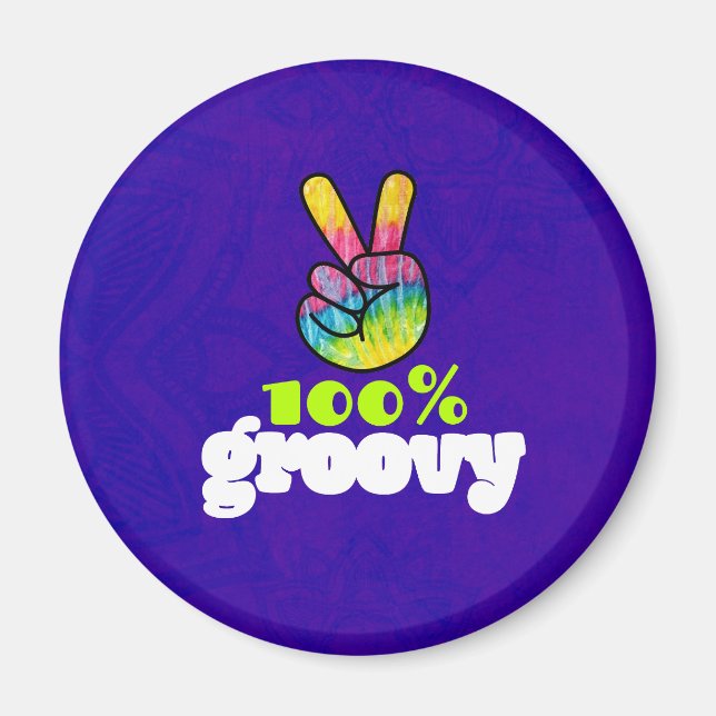 100% Groovy Rainbow with Hand Peace Sign Magnet (Front)