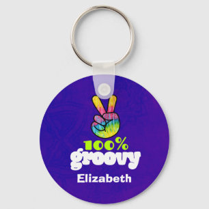 100% Groovy Rainbow with Hand Peace Sign Unique Key Ring