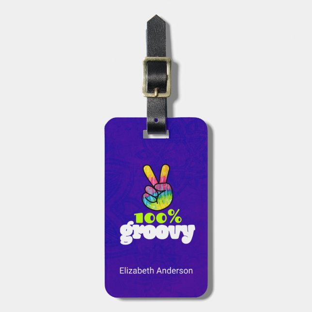 100% Groovy with Rainbow Hand Peace Sign Luggage Tag (Front Vertical)