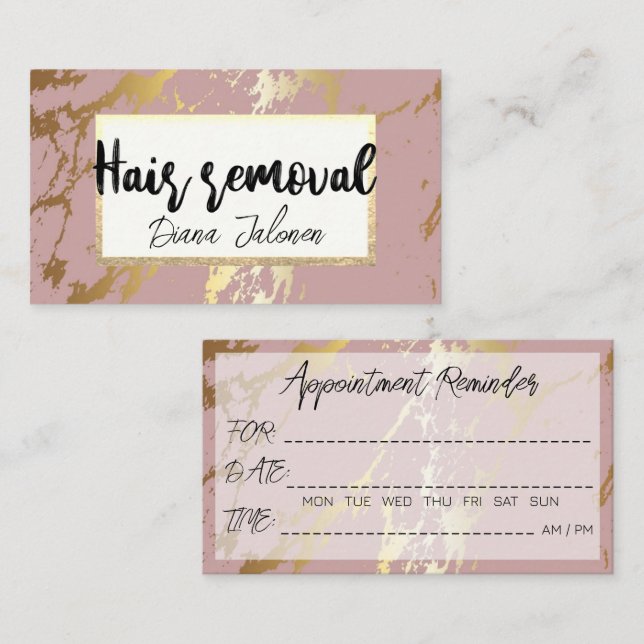 100 Hair removal Appointment Reminder Pink Marble Business Card (Front/Back)