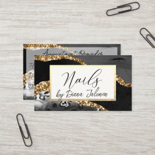 100 Nails Appointment Reminder Black Gold Marble Business Card