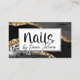 100 Nails Appointment Reminder Black Gold Marble Business Card