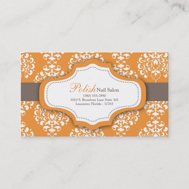 100 Orange Damask Nail Technician Business Card (Front)