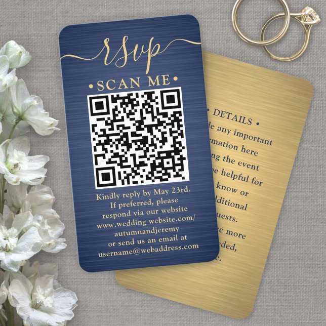 100 Pack QR RSVP Blue and Gold Wedding Enclosure Business Card (Creator Uploaded)