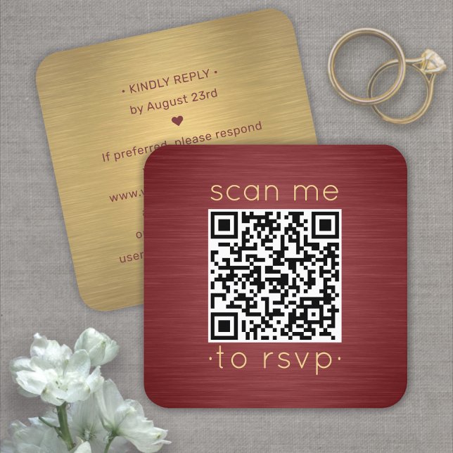 100 Pack QR RSVP Burgundy & Gold Wedding Enclosure Square Business Card (Creator Uploaded)