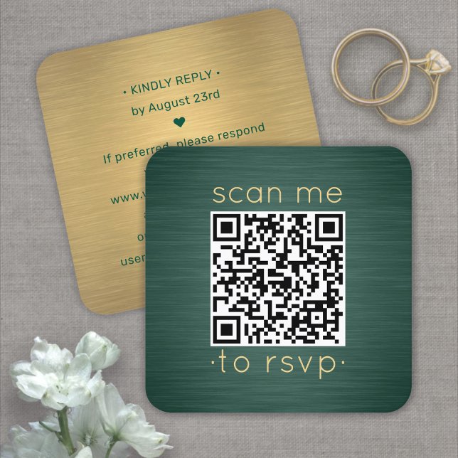 100 Pack QR RSVP Green and Gold Wedding Enclosure Square Business Card (Creator Uploaded)