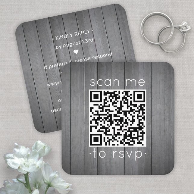 100 Pack QR RSVP Grey Faux Wood Wedding Enclosure Square Business Card (Creator Uploaded)