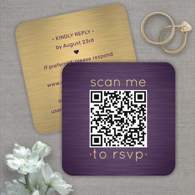 100 Pack QR RSVP Purple and Gold Wedding Enclosure Square Business Card (Creator Uploaded)