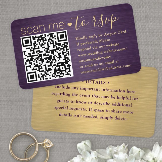 100 Pack Scan Me QR RSVP Purple and Gold Wedding Business Card (Creator Uploaded)