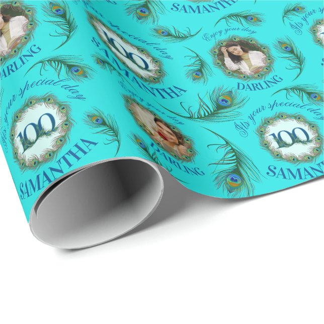100 Peacock Feather Fully Editable Custom Photo Wrapping Paper (Roll Corner)