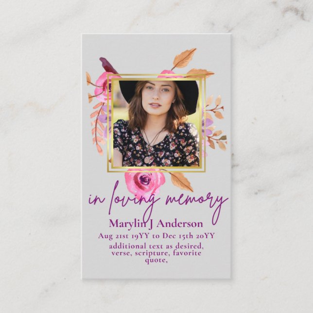 100 Pretty Floral Prayer Funeral Memorial PHOTO Business Card (Front)