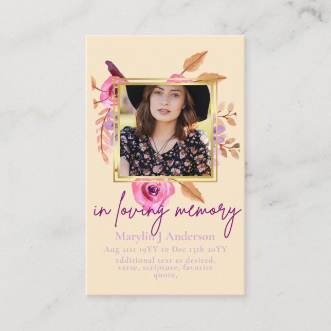 100 Pretty Floral Prayer Funeral Memorial PHOTO Business Card (Front)