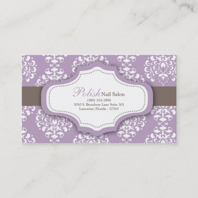 100 Purple Damask Nail Technician Business Card (Front)