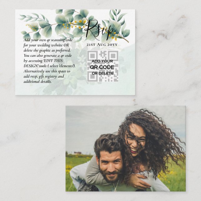 100 QR CODE WEDDING RSVP Greenery PHOTO Enclosure  Business Card (Front/Back)