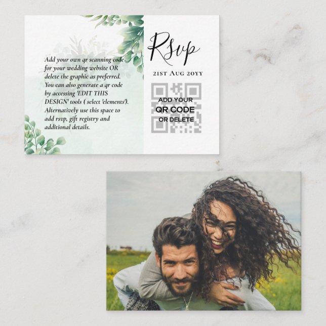 100 QR CODE WEDDING RSVP Greenery PHOTO Enclosure  Business Card (Front/Back)