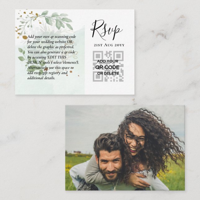 100 QR CODE WEDDING RSVP Greenery PHOTO Enclosure  Business Card (Front/Back)