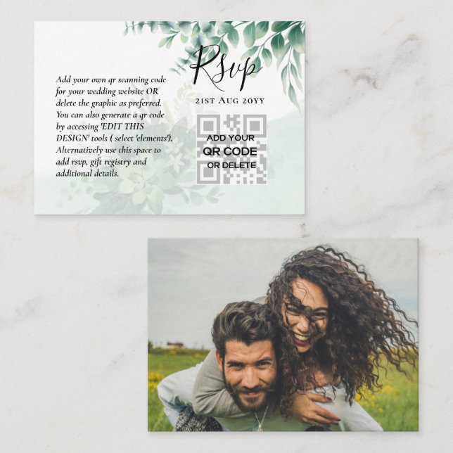 100 QR CODE WEDDING RSVP Greenery PHOTO Enclosure  Business Card (Front/Back)