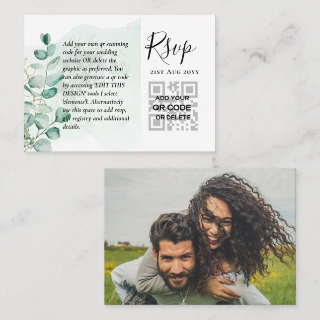 100 QR CODE WEDDING RSVP Greenery PHOTO Enclosure  Business Card (Front/Back)