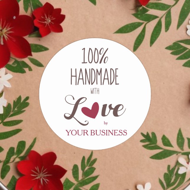 100% Quote Craft Articles Handmade Classic Round Sticker (Romantic Rustic 100% Handmade with Love Quote Classic Round Sticker with Red Heart. )