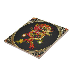 [100] Red and Yellow Dragons Ceramic Tile