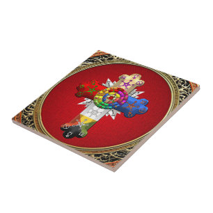 [100] Rosy Cross (Rose Croix) on Red & Gold Ceramic Tile