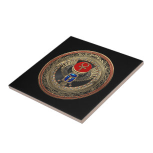 [100] Sacred Gold Egyptian Winged Scarab with Ankh Ceramic Tile