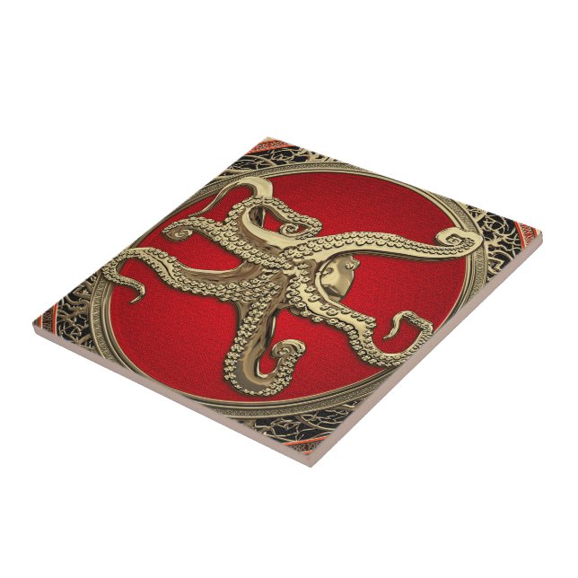 [100] Sacred Gold Octopus in Defensive Posture Ceramic Tile (Side)