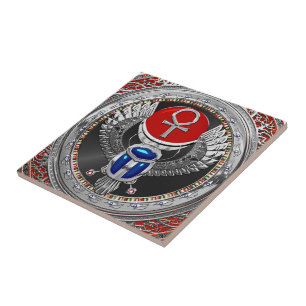 [100] Sacred Silver Egyptian Winged Scarab & Ankh Ceramic Tile