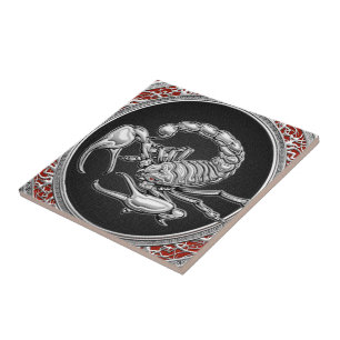 [100] Sacred Silver Scorpion on Black Ceramic Tile