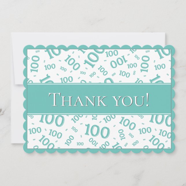 100 "Thank you!" Teal and White Number Pattern Thank You Card (Front)