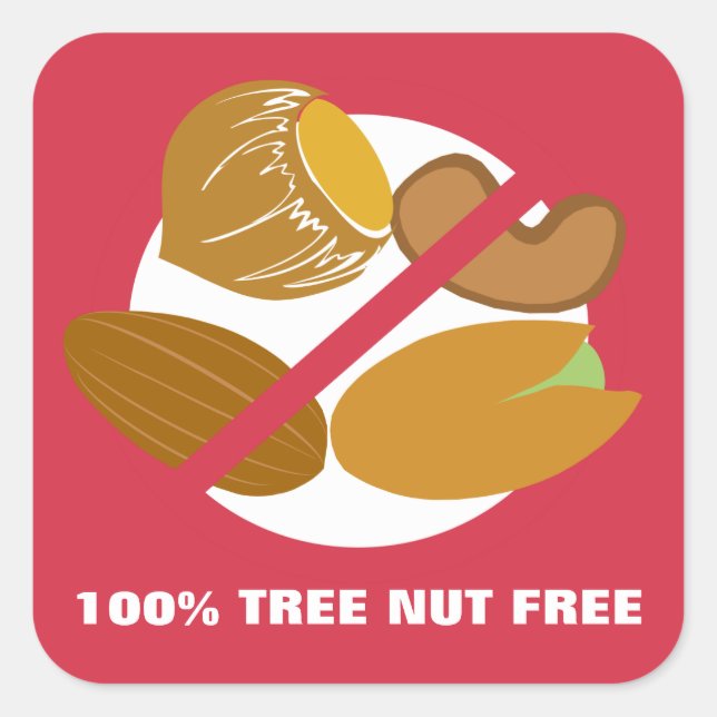 100% Tree Nut Free Nut Allergy Warning Square Sticker (Front)