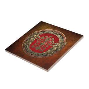 [100] Two Gold Ninurtas with Tree of Life Ceramic Tile