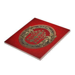 [100] Two Gold Ninurtas with Tree of Life Ceramic Tile