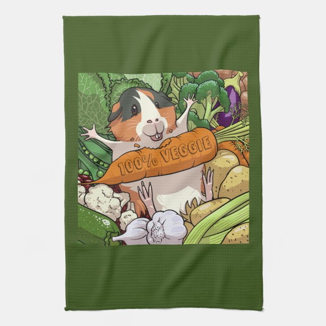 100% Veggie Happy Guinea Pig With Carrot Tea Towel (Vertical)