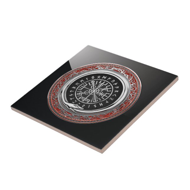 [100] Vegvisir - Viking Silver Magic Runic Compass Ceramic Tile (Side)
