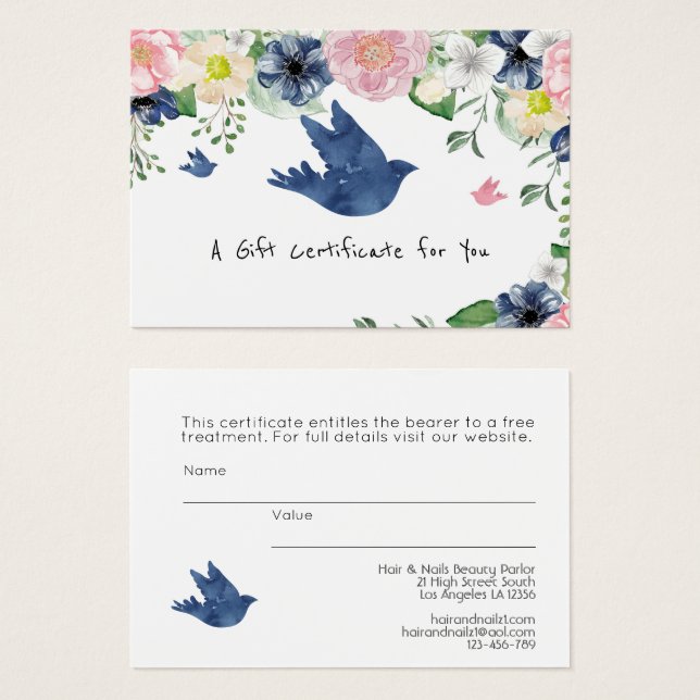 100 x Business LOGO Gift Certificates Blue Floral (Front & Back)