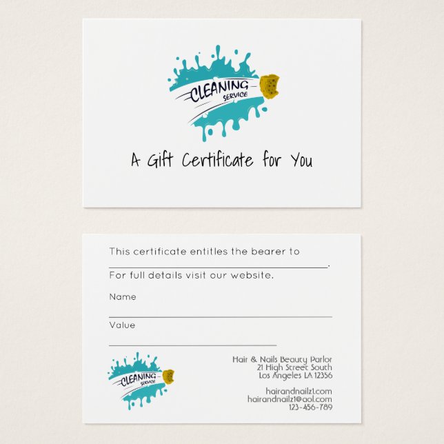 100 x Business LOGO Gift Certificates CLEANING (Front & Back)