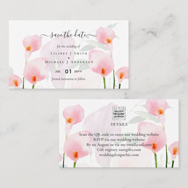 100 x MINI Calla Lily Wedding Save Date QR Code Business Card (Front/Back)